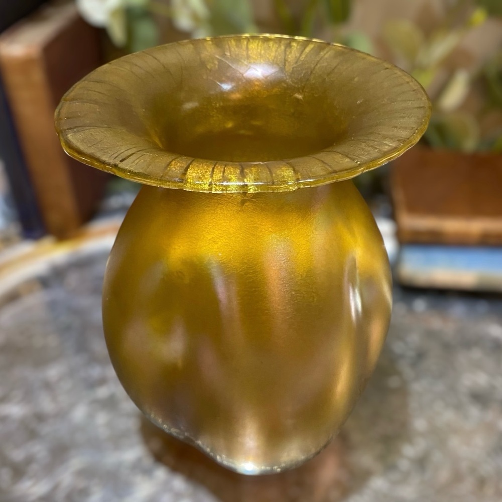 Antique Loetz c1900 Iridescent Amber Gold Art Glass Vase Art Nouveau